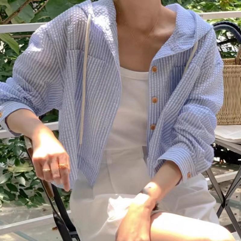 Damen Kapuzenshirt Einreihig Gestreift Sonnenschutz Cardigan Top 2XL blau von Joom DACH