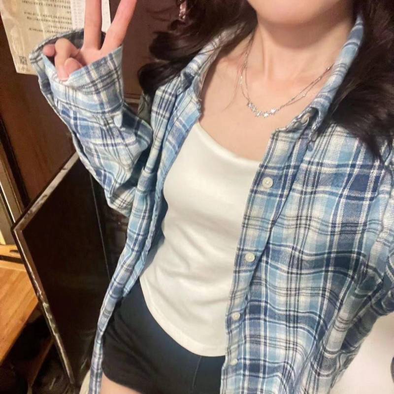 Damen Karierte Bluse Langarm Kariertes Hemd Basic Damen Koreanische Mode Kleidung L himmelblaue von Joom DACH