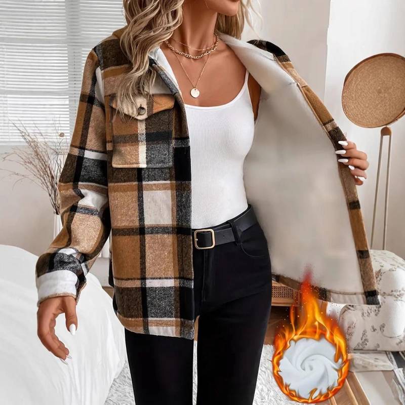 Damen Karo Flanellhemd mit Fleecefutter, Blau Schwarz Weiß Kariert Langarm Button-Down Oberteil L khaki von Joom DACH