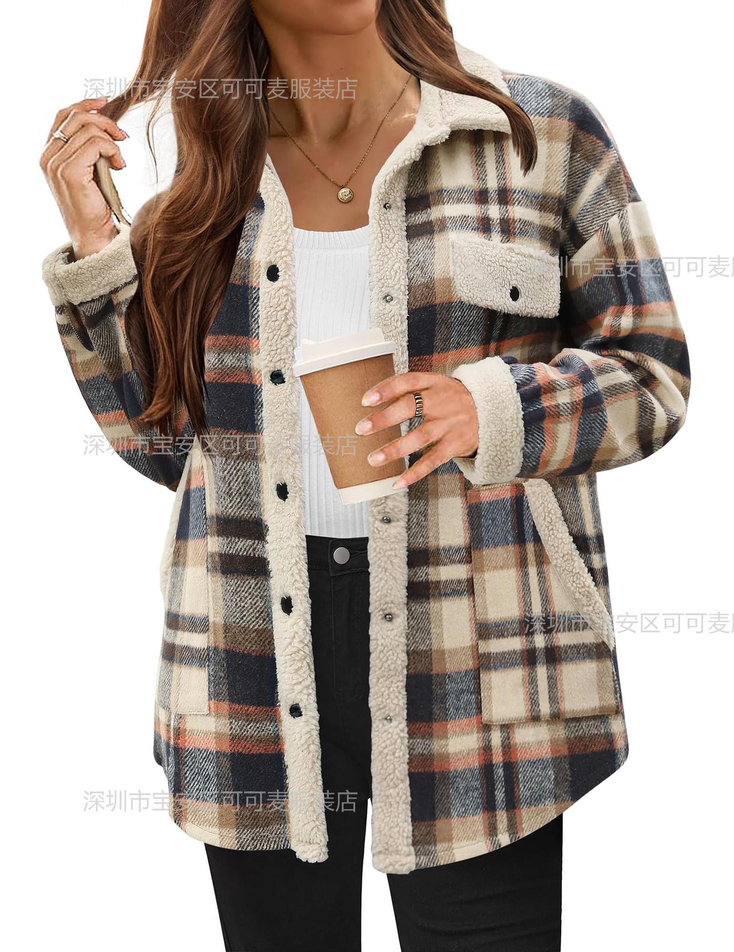 Damen Karojacke mit Fleecefutter, Reverskragen, warmem Wintermantel mit Knopfverschluss und Vordertasche XXL grau-blau von Joom DACH