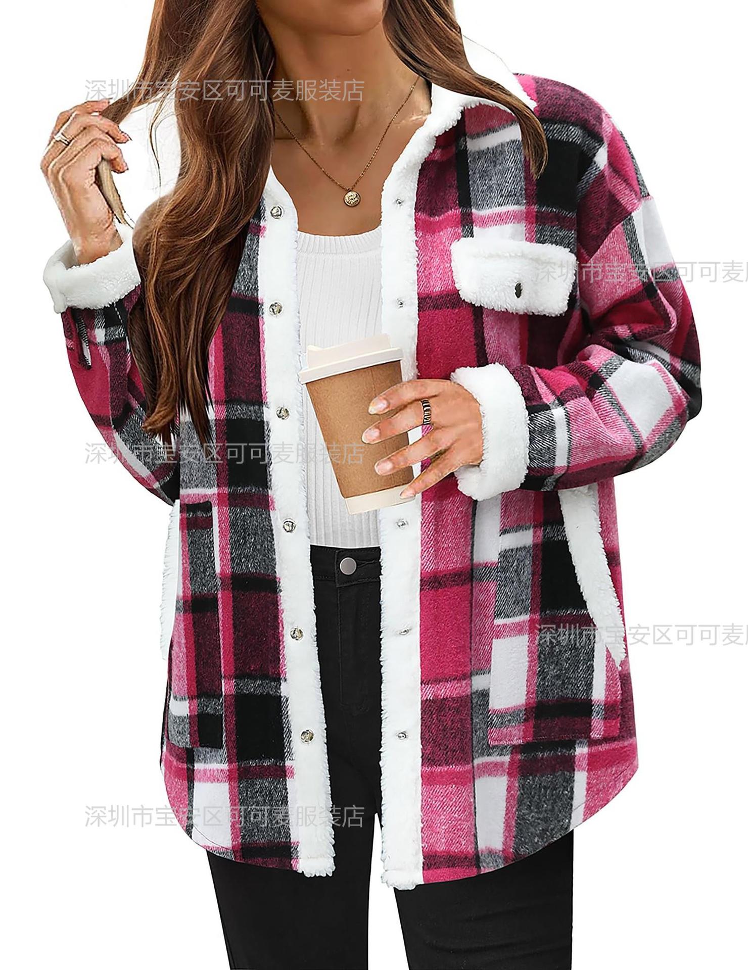 Damen Karojacke mit Fleecefutter, Reverskragen, warmem Wintermantel mit Knopfverschluss und Vordertasche XXL rot von Joom DACH