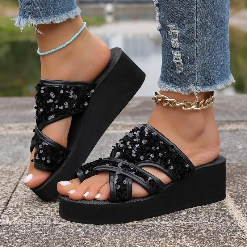 Damen Keilabsatz Hausschuhe Mode Retro Lässig Strand Hausschuhe Sommer Neue Schuhe Outdoor Plateau Sandalen Flip Flops Pantoletten Damen 36 schwarz von Joom DACH