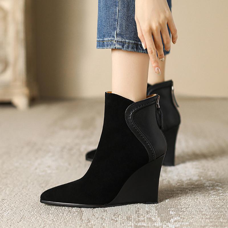 Damen Keilabsatz Wildleder Stiefeletten Schneestiefel Spitzschuhe 2025 Wintermode Neue High Heels Chelsea Boots Reißverschluss Pumps Mujer Botas 39 schwarz von Joom DACH