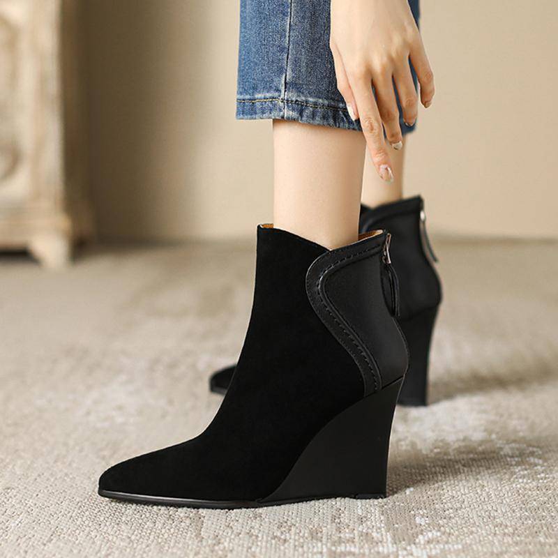 Damen Keilabsatz Wildleder Stiefeletten Schneestiefel Spitzschuhe 2025 Wintermode Neue High Heels Chelsea Boots Reißverschluss Pumps Mujer Botas 39 schwarz von Joom DACH