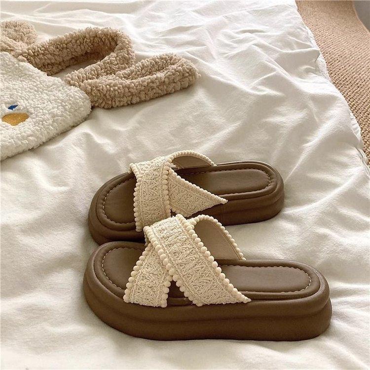 Damen Keilpantoletten Plateau Flip-Flops Weich Bequem Lässig Dick besohlt Schuhe Outdoor Strandsandalen Damen Pantoletten 40 beige von Joom DACH