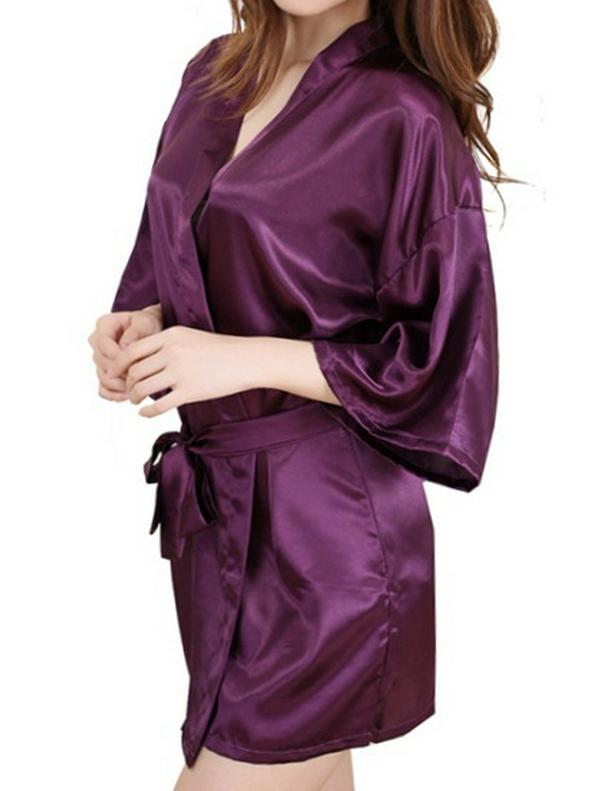 Damen-Kimono-Bademantel aus Seidenimitat-Satin – Glänzender, einfarbiger, kurzer Sommerbademantel M violett von Joom DACH