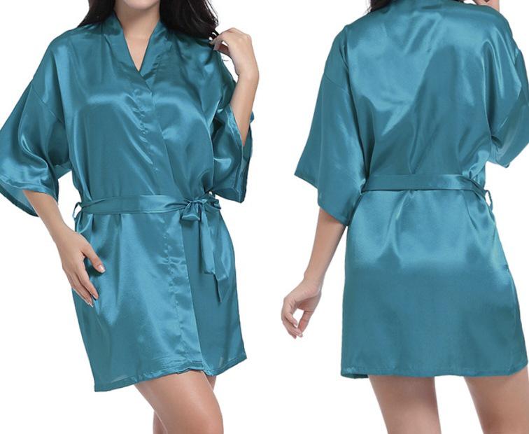 Damen-Kimono-Bademantel aus Seidenimitat-Satin – Glänzender, einfarbiger, kurzer Sommerbademantel XL pfau blau von Joom DACH