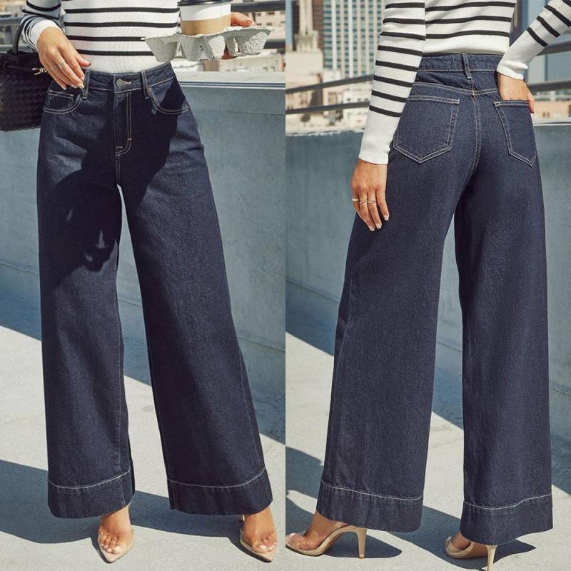 Damen Klassische Blaue High-Rise Wide Leg Jeans - Stretchjeans mit Knopfleiste, Weich und Bequem, Slim Fit Vintage Wash Jeans XS von Joom DACH