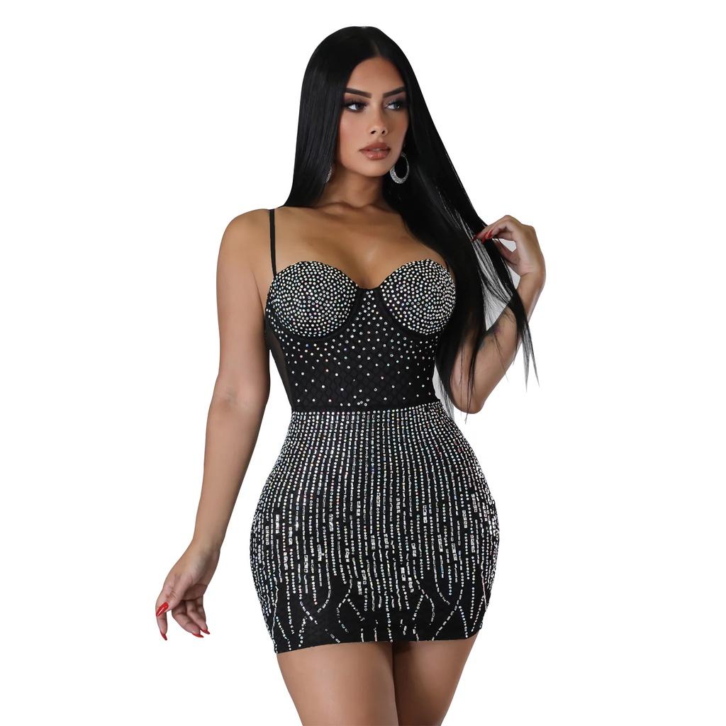Damen-Kleid, elegant, ärmellos, mit Strasssteinen, Schlinge, suspendiert, Braut-Mini-Kurzkleid, Host, Hochzeit, Braut, Brautjungfern, Party-Kleider XL schwarz von Joom DACH