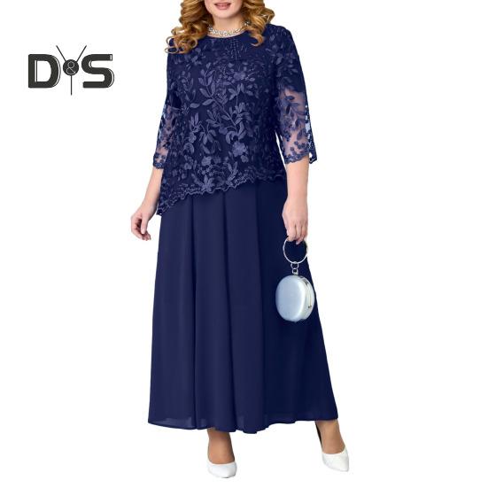 Damen Kleid Blumenstickerei Durchsichtige Spitze Dreiviertelärmel O-Ausschnitt Gefälschte Zweiteiler Locker Einfarbig Übergröße Elegantes Maxikleid 2XL von Joom DACH