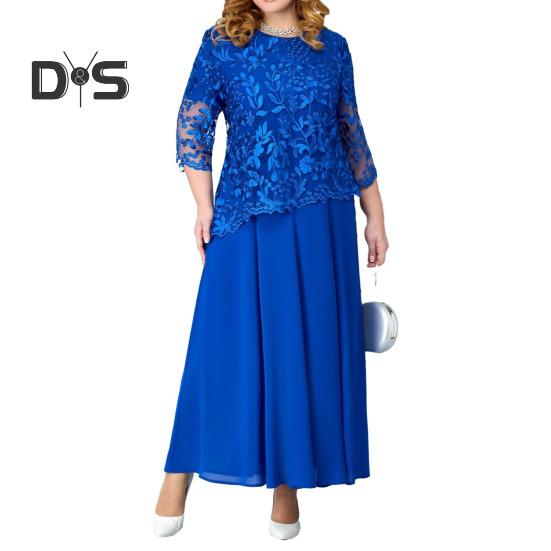 Damen Kleid Blumenstickerei Durchsichtige Spitze Dreiviertelärmel O-Ausschnitt Gefälschte Zweiteiler Locker Einfarbig Übergröße Elegantes Maxikleid 3XL blau von Joom DACH