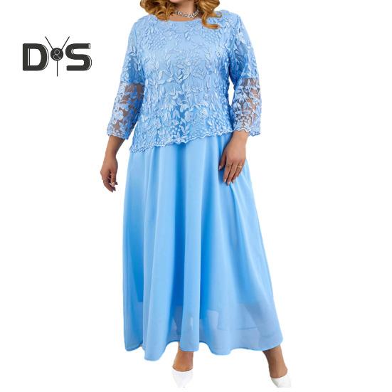 Damen Kleid Blumenstickerei Durchsichtige Spitze Dreiviertelärmel O-Ausschnitt Gefälschte Zweiteiler Locker Einfarbig Übergröße Elegantes Maxikleid 3XL von Joom DACH