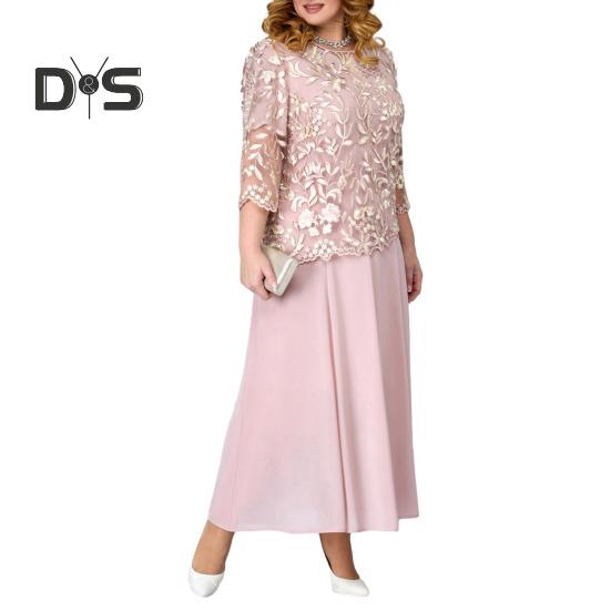 Damen Kleid Blumenstickerei Durchsichtige Spitze Dreiviertelärmel O-Ausschnitt Gefälschte Zweiteiler Locker Einfarbig Übergröße Elegantes Maxikleid L rosa von Joom DACH