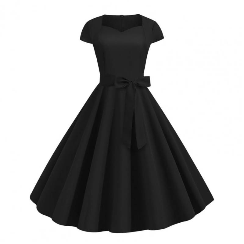 Damen Kleid V-Ausschnitt Gürtel Schleife Dekor A-Linie Big Swing Enge Hohe Taille Einfarbig Retro Kurzarm Prinzessin Stil Lady Midi Dr XXL schwarz von Joom DACH