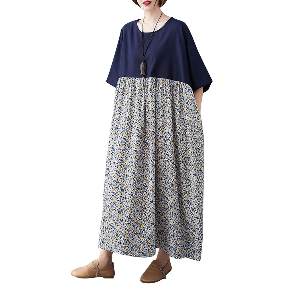 Damen-Kleid aus Baumwolle und Leinen, Blumendruck, Taschen in der Mitte der Wade, lockerer O-Ausschnitt, kurze Ärmel, Übergröße, lässig one size von Joom DACH