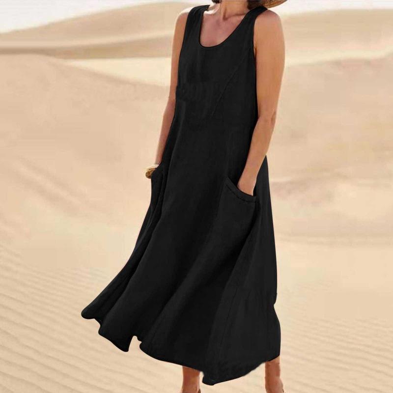 Damen Kleid aus Baumwollleinen, modisch, ärmellos, Rundhalsausschnitt, Tasche, einfarbig, langes Kleid, lässig, lockeres Strandkleid in Übergröße S von Joom DACH