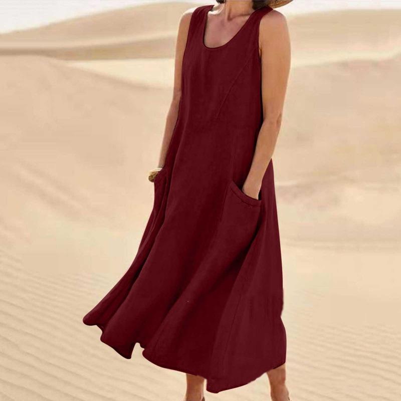 Damen Kleid aus Baumwollleinen, modisch, ärmellos, Rundhalsausschnitt, Tasche, einfarbig, langes Kleid, lässig, lockeres Strandkleid in Übergröße XL von Joom DACH