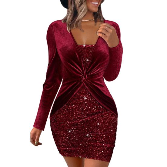 Damen-Kleid für Abschlussball, Party, tief ausgeschnitten, tiefer V-Ausschnitt, eng, hohe Taille, Knoten, plissiert, glänzend, puderlang, langärmlig, Etuikleid über dem Knie, schmal geschnittenes Damen-Minikleid S rot von Joom DACH
