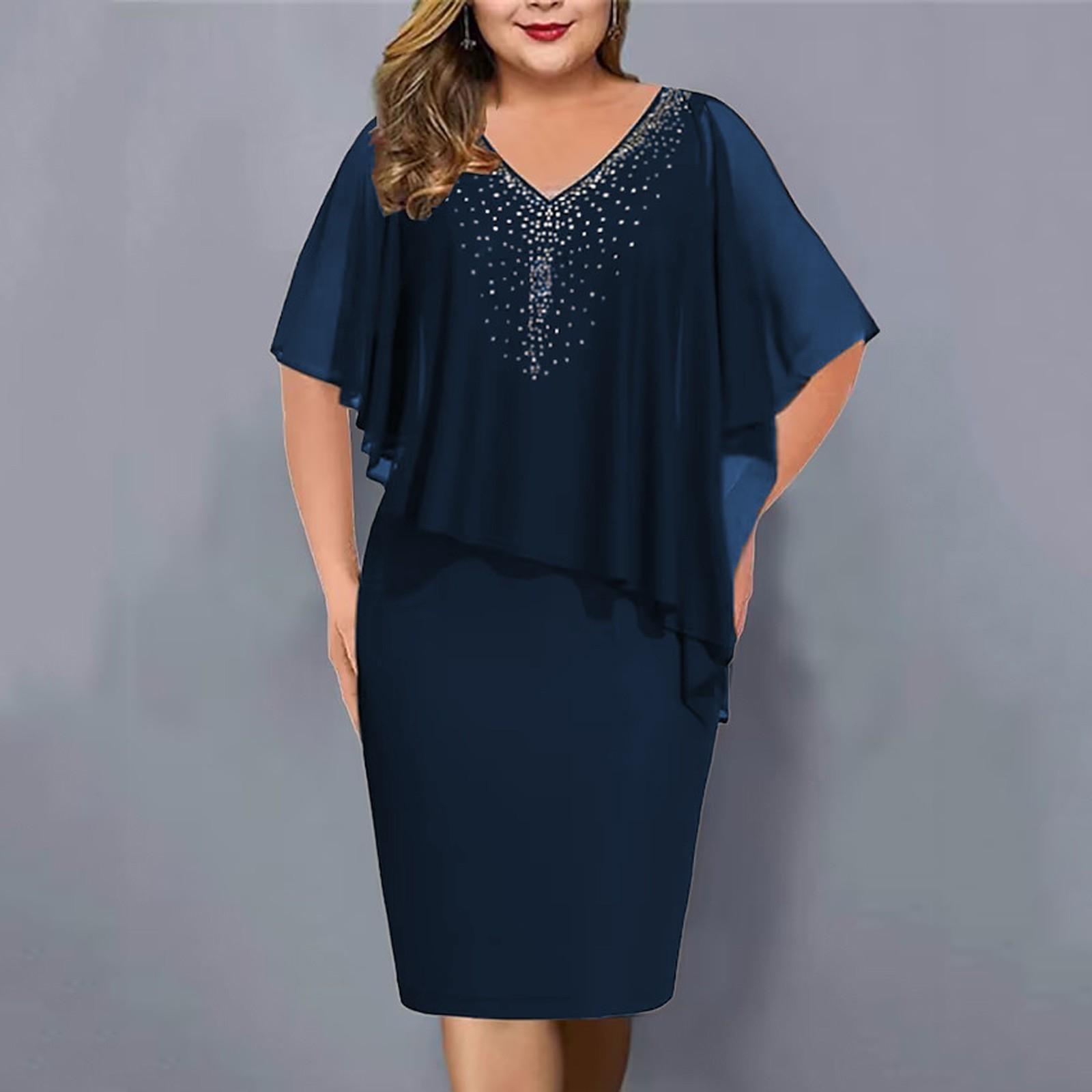 Damen-Kleid in Übergröße, V-Ausschnitt, Overlay, asymmetrisches Gesäßkleid, Chiffon-Paillettenkleid(S-5XL) S dunkelblau von Joom DACH