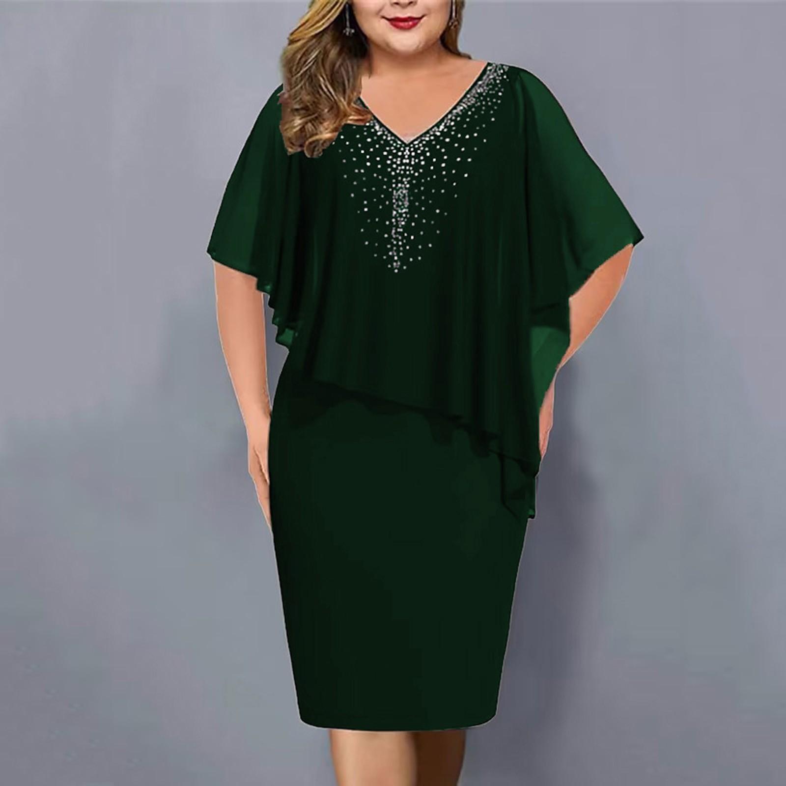Damen-Kleid in Übergröße, V-Ausschnitt, Overlay, asymmetrisches Gesäßkleid, Chiffon-Paillettenkleid(S-5XL) XXL dunkelgrüne von Joom DACH