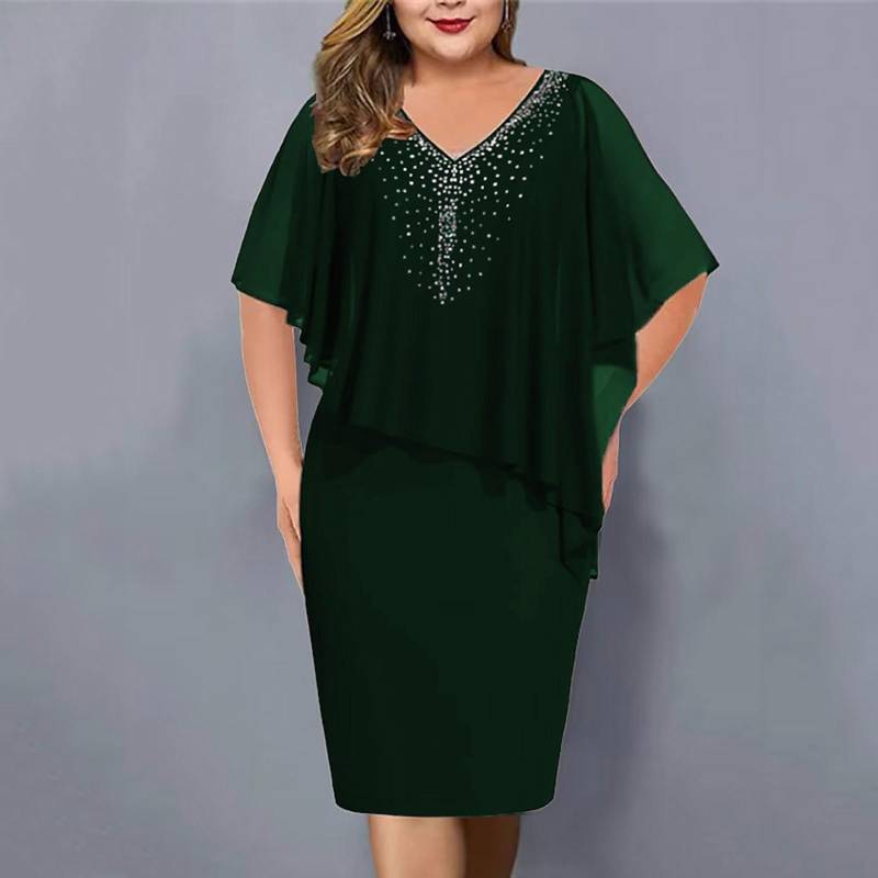 Damen-Kleid in Übergröße, V-Ausschnitt, Overlay, asymmetrisches Gesäßkleid, Chiffon-Paillettenkleid(S-5XL) XXL dunkelgrüne von Joom DACH