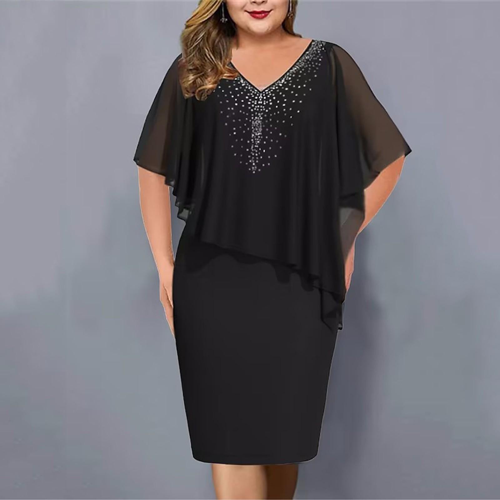 Damen-Kleid in Übergröße, V-Ausschnitt, Overlay, asymmetrisches Gesäßkleid, Chiffon-Paillettenkleid(S-5XL) XXXL schwarz von Joom DACH