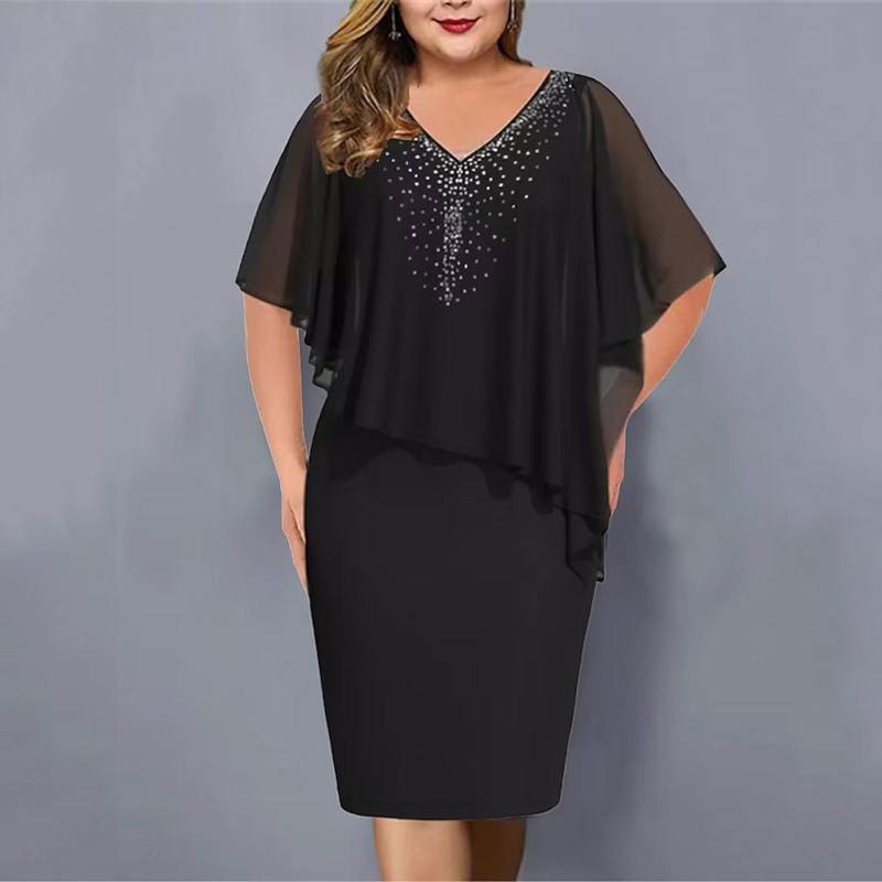 Damen-Kleid in Übergröße, V-Ausschnitt, Overlay, asymmetrisches Gesäßkleid, Chiffon-Paillettenkleid(S-5XL) XXXL schwarz von Joom DACH