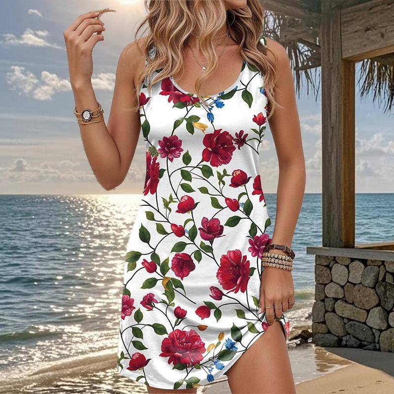 Damen-Kleid mit Rosenblüten-Fälschung, zweiteilig, schöne Blumen, bedruckt, ärmellos, Rundhalsausschnitt, locker, weich und bequem, Übergröße XL rot von Joom DACH