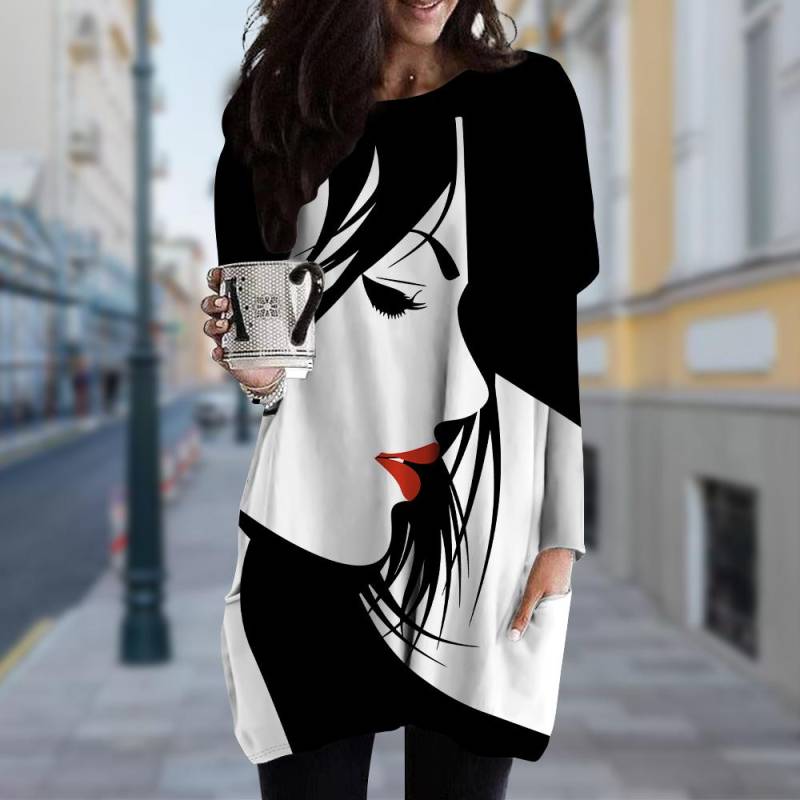 Damen Kleid mit Rundhalsausschnitt und Gesichtserkennungsdruck, Frühling/Herbst, Übergröße, Kleid mit Taschen 2XL schwarz von Joom DACH