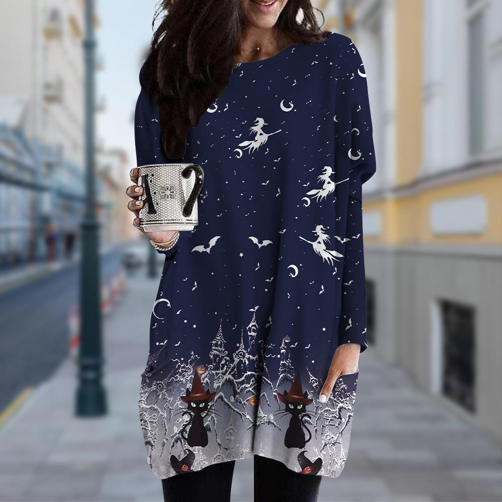 Damen Kleid mit Rundhalsausschnitt und Katzen-Print, Übergröße, Frühling/Herbst, Kleider mit Taschen M navy blau von Joom DACH