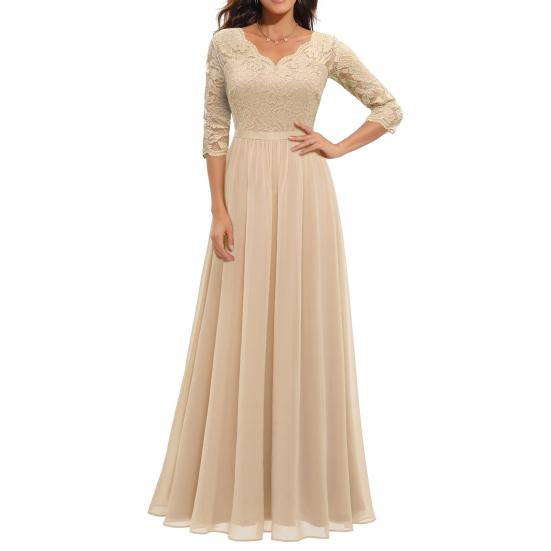 Damen-Kleid mit V-Ausschnitt, 3/4-Ärmeln, Häkelspitze, Netznähte, hohe Taille, A-Linie, Maxikleid, rückenfrei, einfarbig, langes Kleid M champagner von Joom DACH