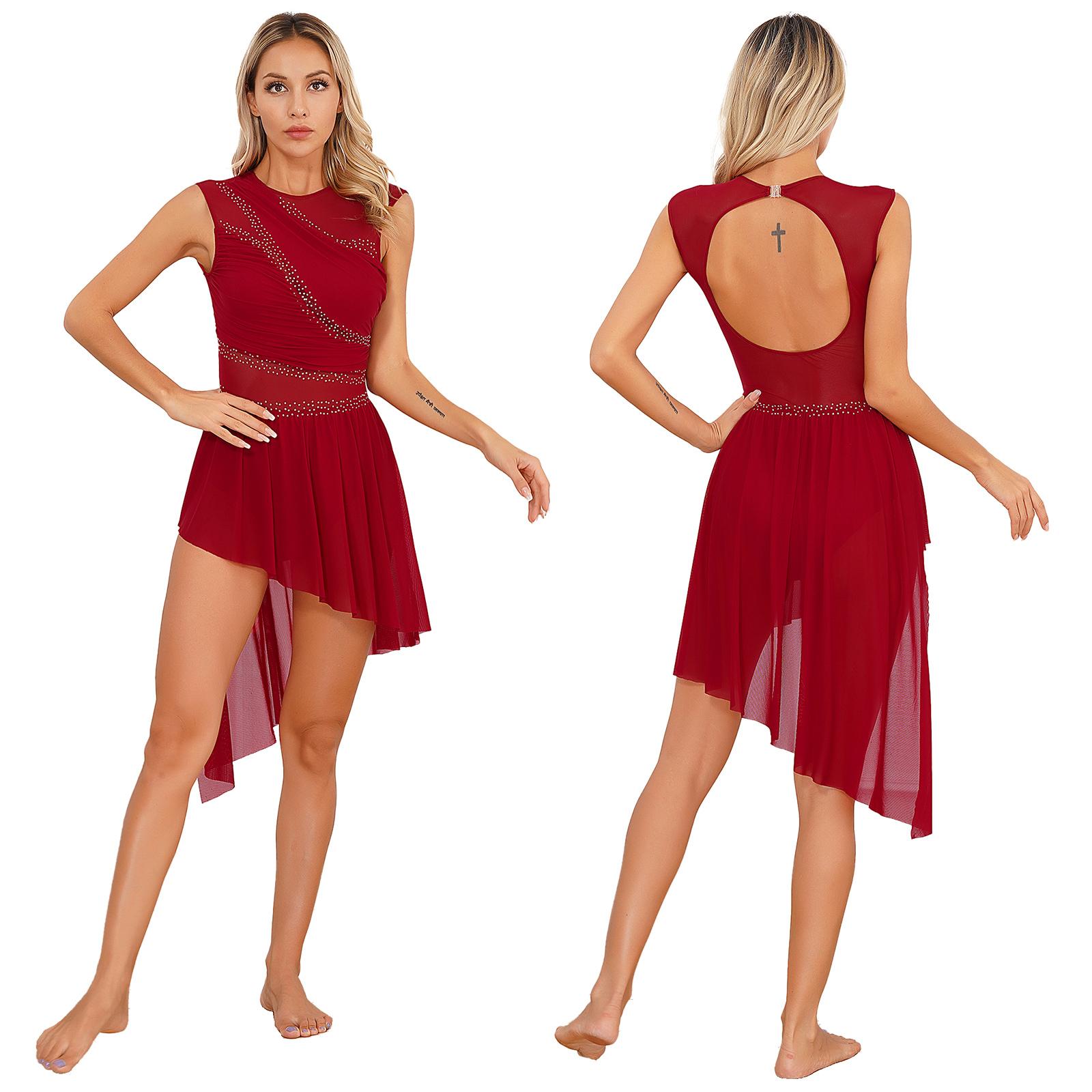Damen-Kleid mit glänzendem Strasssteinen, transparentem Netzstoff, offenem Rücken, asymmetrischem Saum, ärmellos, für Eiskunstlauf-Tanz-Auftritte M bordeaux von Joom DACH