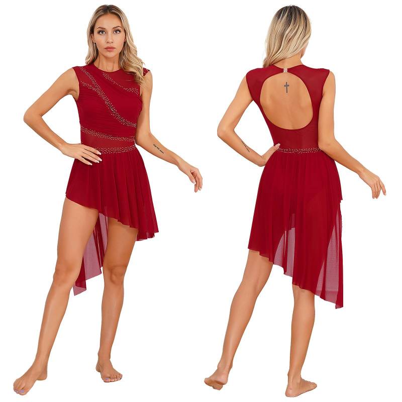 Damen-Kleid mit glänzendem Strasssteinen, transparentem Netzstoff, offenem Rücken, asymmetrischem Saum, ärmellos, für Eiskunstlauf-Tanz-Auftritte M bordeaux von Joom DACH