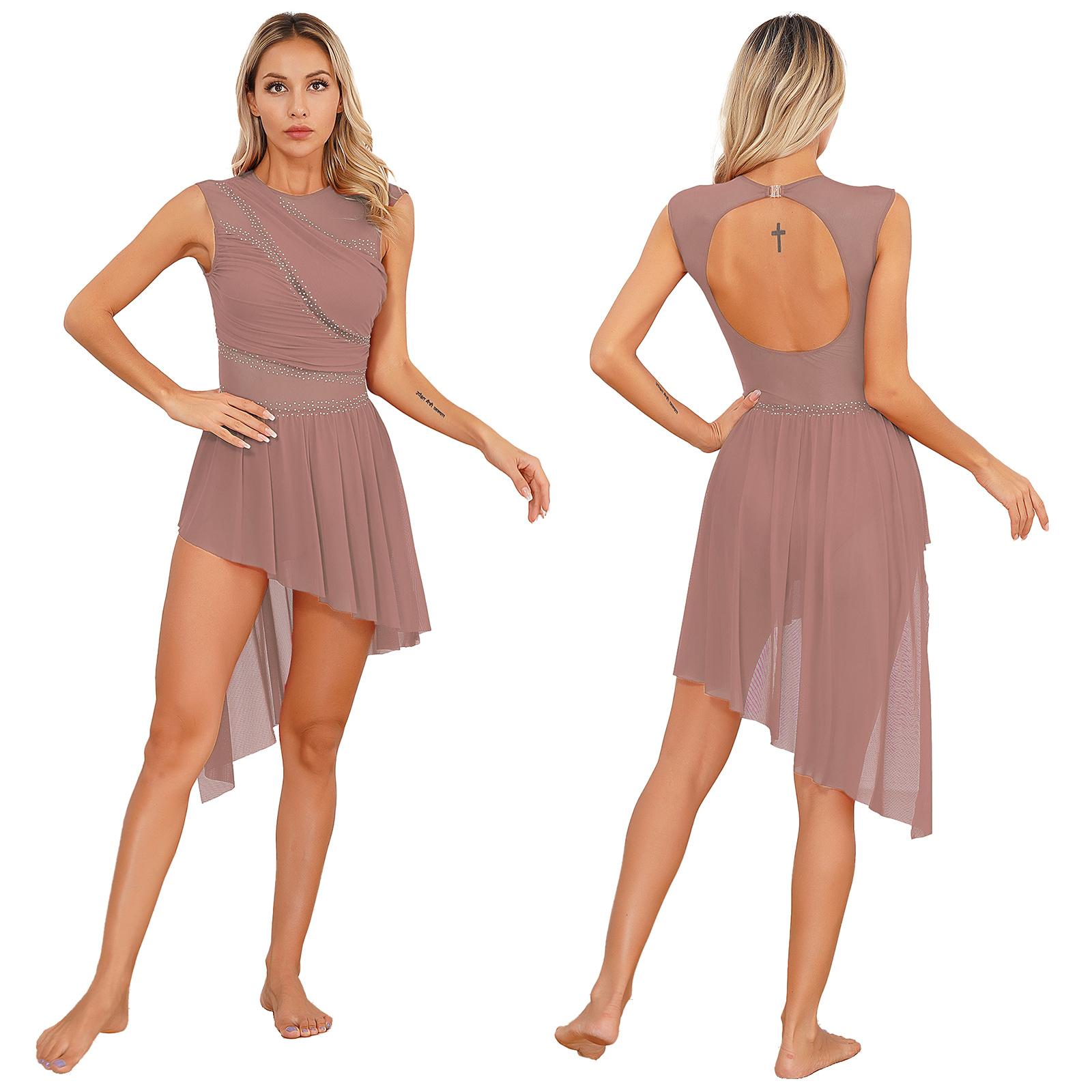 Damen-Kleid mit glänzendem Strasssteinen, transparentem Netzstoff, offenem Rücken, asymmetrischem Saum, ärmellos, für Eiskunstlauf-Tanz-Auftritte S rosa Damen-Kleid mit glänzendem Strasssteinen, transparentem Netzstoff, offenem Rücken, asymmetrischem Saum, ärmellos, für Eiskunstlauf-Tanz-Auftritte S rosa von Joom DACH
