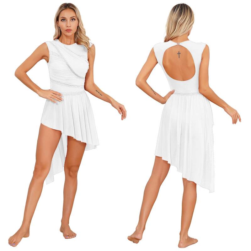 Damen-Kleid mit glänzendem Strasssteinen, transparentem Netzstoff, offenem Rücken, asymmetrischem Saum, ärmellos, für Eiskunstlauf-Tanz-Auftritte S weiß von Joom DACH