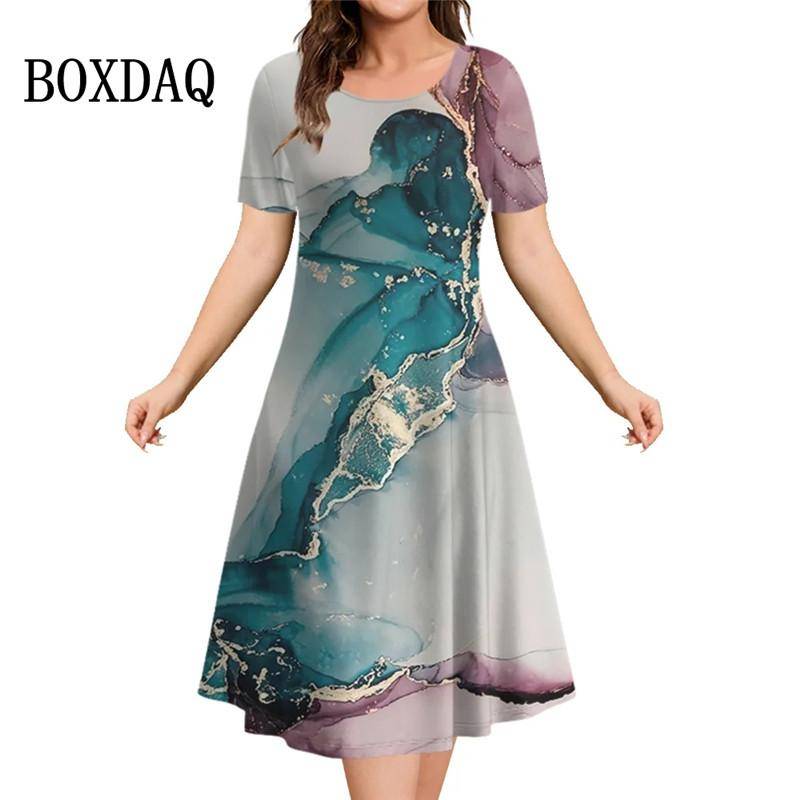 Damen Kleid mit kurzen Ärmeln, Sommerkleid mit 3D-Marmordruck, Mode, lockere A-Linie, Kleidung 2023, neue elegante Damen-Abendkleider L von Joom DACH