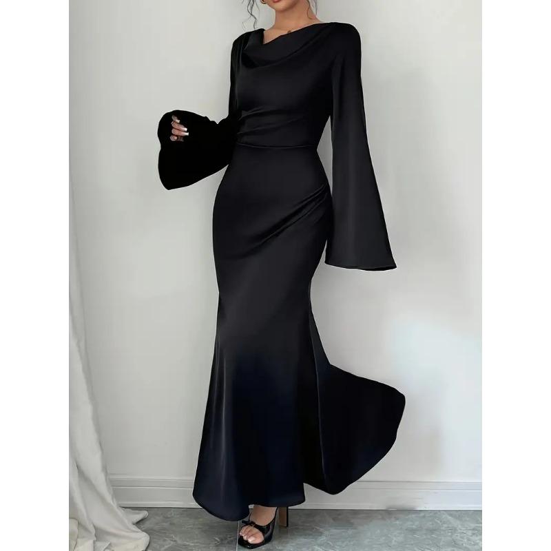 Damen Kleider in Volltonfarbe, ausgestellte Ärmel, drapierter Ausschnitt, Krawatte, lange Ärmel 2XL schwarz von Joom DACH