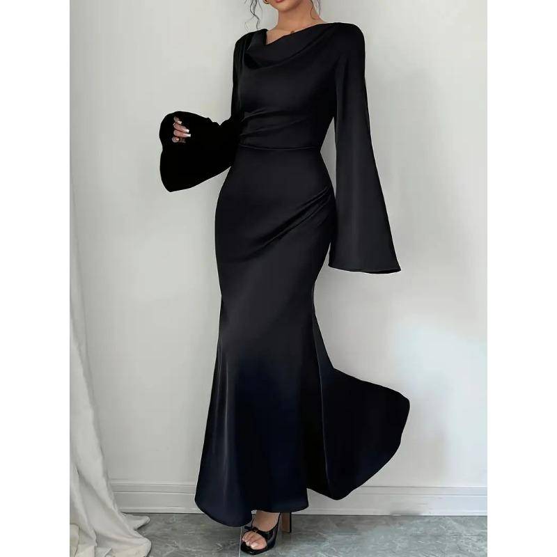 Damen Kleider in Volltonfarbe, ausgestellte Ärmel, drapierter Ausschnitt, Krawatte, lange Ärmel 2XL schwarz von Joom DACH