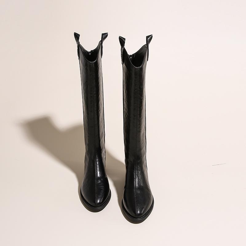 Damen Kniehohe Stiefel Leder Naturleder Damen Bootie Herbst und Winter Westernstiefel Goth Schuhe Lange Botas 39 schwarz von Joom DACH