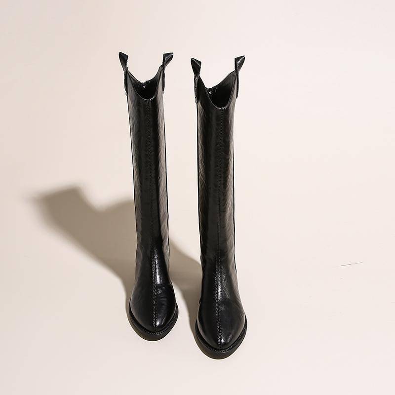 Damen Kniehohe Stiefel Leder Naturleder Damen Bootie Herbst und Winter Westernstiefel Goth Schuhe Lange Botas 39 schwarz von Joom DACH