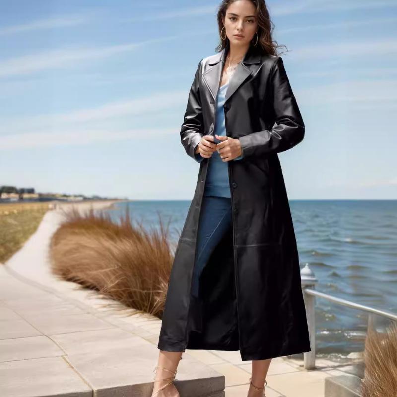 Damen Knopf Lederjacke Erweiterter Mantel Schlank Skinny Große Größe Windbreaker 5XL von Joom DACH