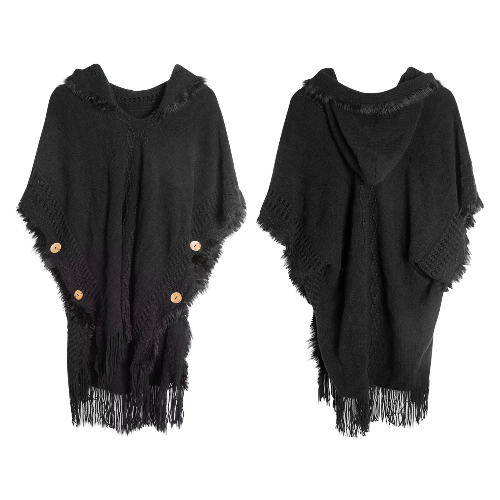 Damen Knopfschal Bohemian Fransenpullover Strickpullover Kapuzenumhang One Size schwarz von Joom DACH