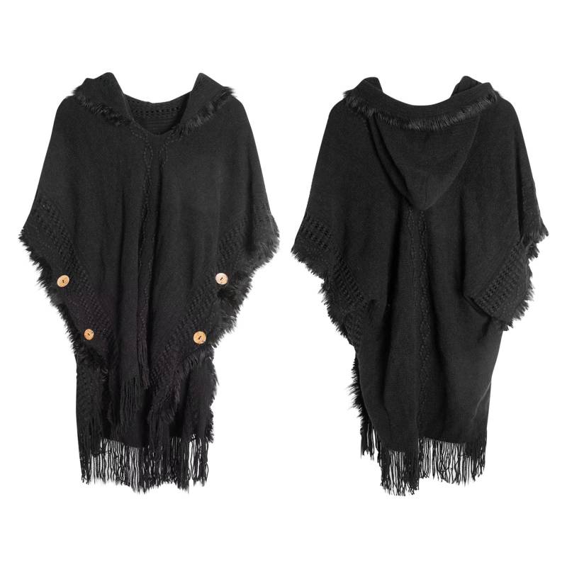 Damen Knopfschal Bohemian Fransenpullover Strickpullover Kapuzenumhang One Size schwarz von Joom DACH