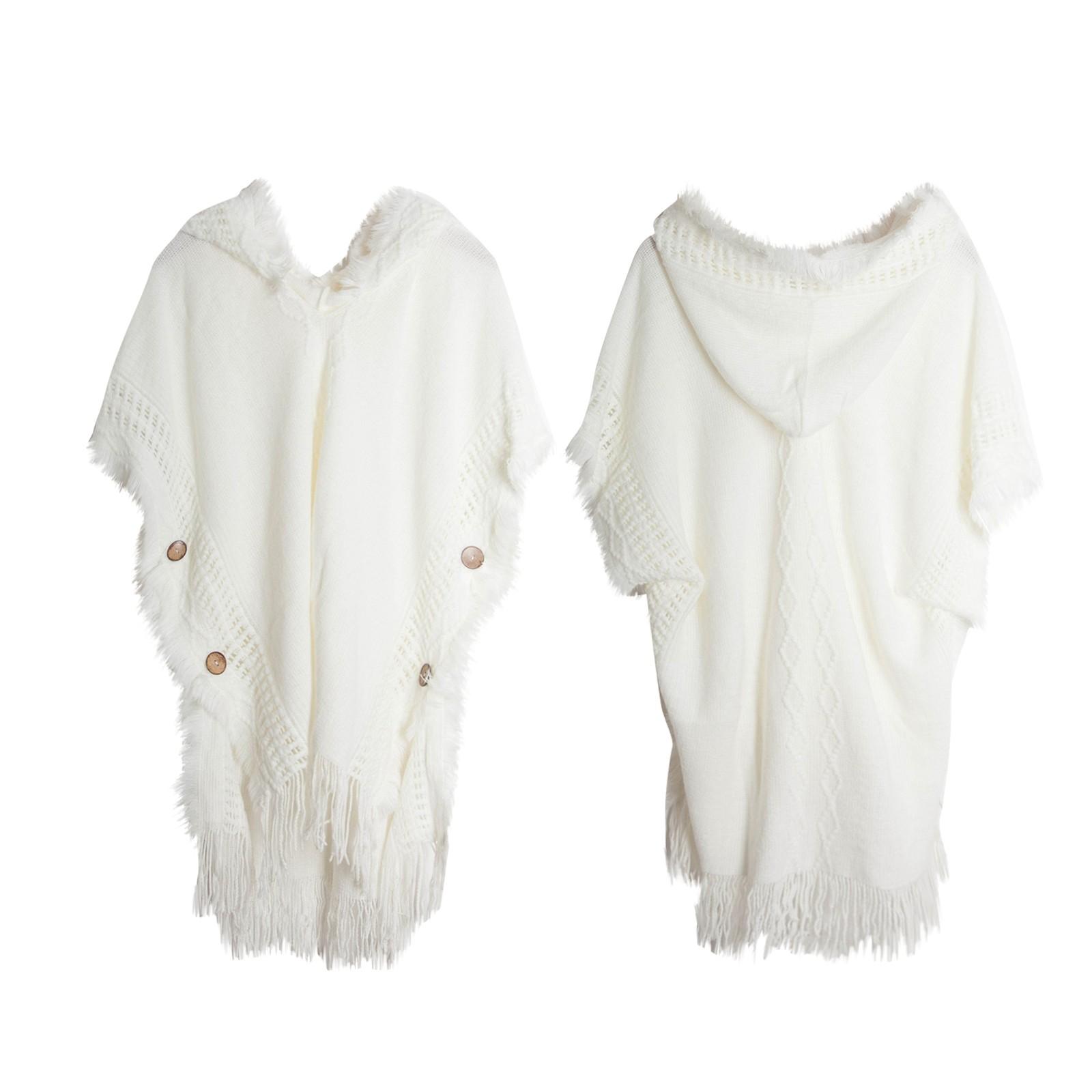 Damen Knopfschal Bohemian Fransenpullover Strickpullover Kapuzenumhang One Size weiß von Joom DACH