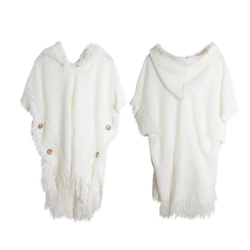 Damen Knopfschal Bohemian Fransenpullover Strickpullover Kapuzenumhang One Size weiß von Joom DACH