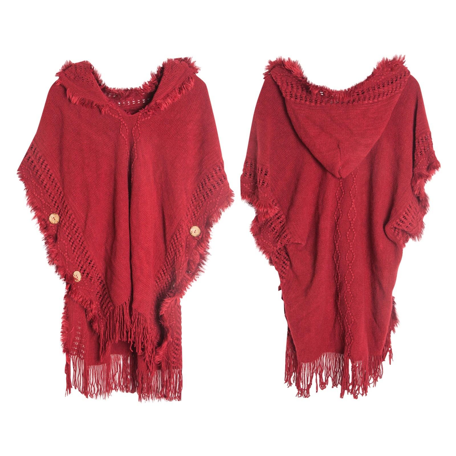 Damen Knopfschal Bohemian Fransenpullover Strickpullover Kapuzenumhang One Size von Joom DACH