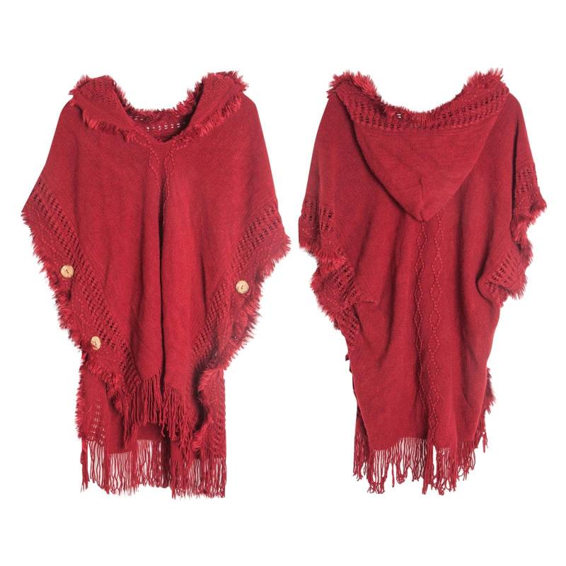 Damen Knopfschal Bohemian Fransenpullover Strickpullover Kapuzenumhang One Size von Joom DACH