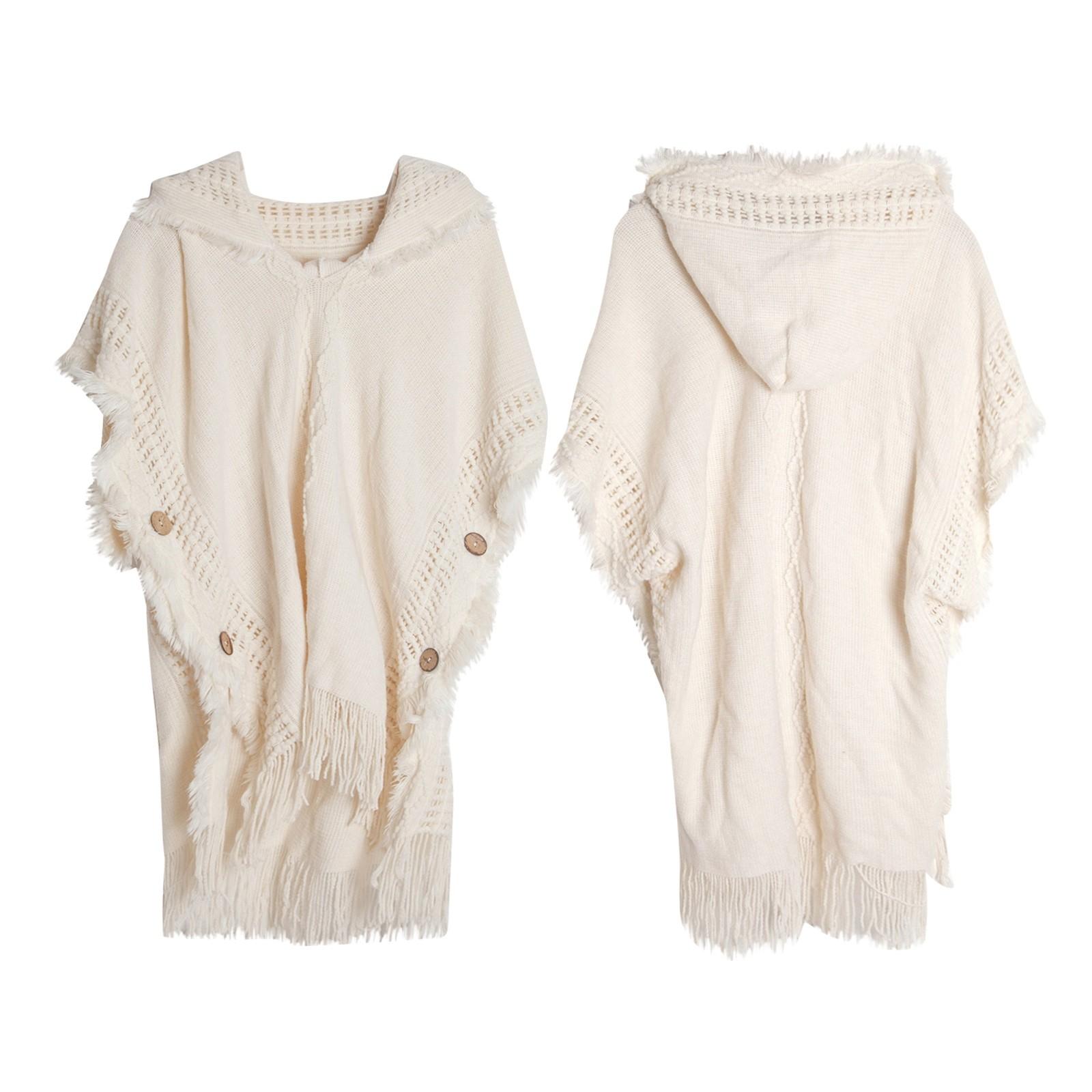 Damen Knopfschal Bohemian Fransenpullover Strickpullover Kapuzenumhang One Size von Joom DACH