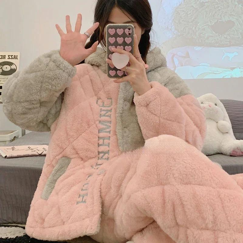 Damen Korallen-Flanell-Pyjama für den Winter, neuer Heimanzug, dreifach belegte Baumwoll-Schlafkleidung, verdicktes Fleece, warmes Homewear-Set 2XL von Joom DACH