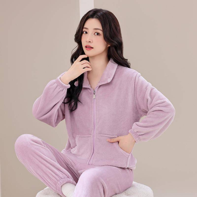Damen Korallfleece Reißverschluss Pyjama Set - Dick, Warm, Herbst/Winter Sportbekleidung Jacke und Hose Extra Large von Joom DACH